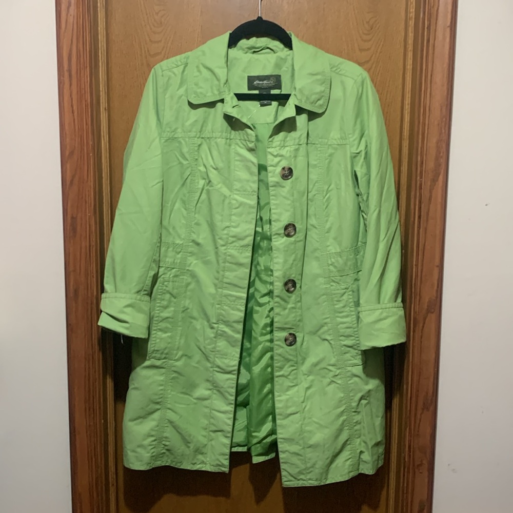 Eddie Bauer Apple Green Trench Coat Button Front Lined